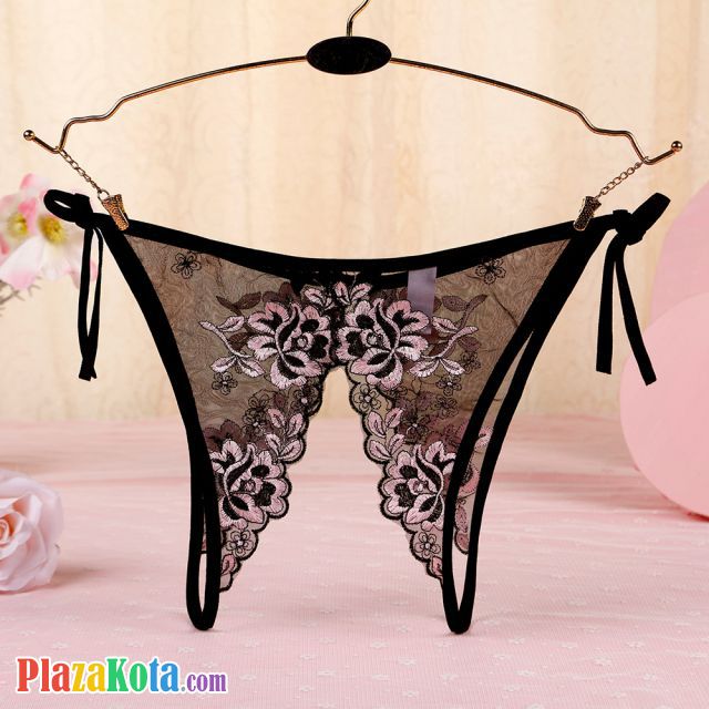 P566 - Panties Thong Hitam Transparan Bunga Pink, Crotchless Ikat Samping - Photo 2