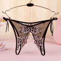 P566 - Celana Dalam Panties Thong Hitam Transparan Bunga Pink Crotchless Ikat Samping