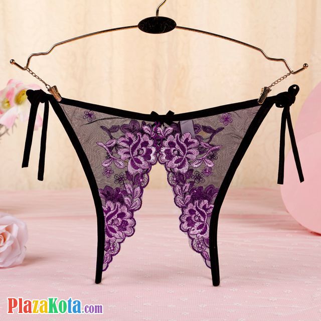 P567 - Celana Dalam Panties Thong Hitam Transparan Bunga Ungu, Crotchless Ikat Samping - Photo 1