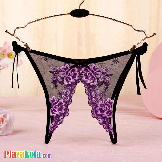 P567 - Celana Dalam Panties Thong Hitam Transparan Bunga Ungu, Crotchless Ikat Samping - Photo 2