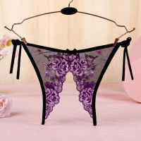 P567 - Celana Dalam Panties Thong Hitam Transparan Bunga Ungu Crotchless Ikat Samping