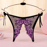 P567 - Celana Dalam Panties Thong Hitam Transparan Bunga Ungu Crotchless Ikat Samping - 2
