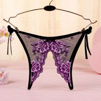 P567 - Celana Dalam Panties Thong Hitam Transparan Bunga Ungu Crotchless Ikat Samping - Thumbnail 2