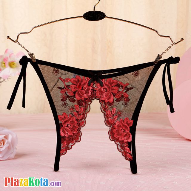 P568 - Panties Thong Hitam Transparan Bunga Merah, Crotchless Ikat Samping - Photo 1