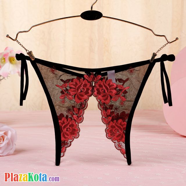 P568 - Celana Dalam Panties Thong Hitam Transparan Bunga Merah Crotchless Ikat Samping - Photo 2