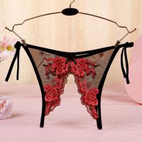 P568 - Celana Dalam Panties Thong Hitam Transparan Bunga Merah Crotchless Ikat Samping