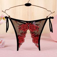 P568 - Celana Dalam Panties Thong Hitam Transparan Bunga Merah Crotchless Ikat Samping - 2