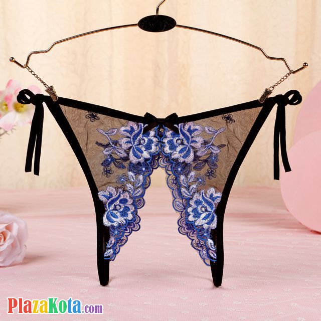 P569 - Panties Thong Hitam Transparan Bunga Biru, Crotchless Ikat Samping - Photo 1