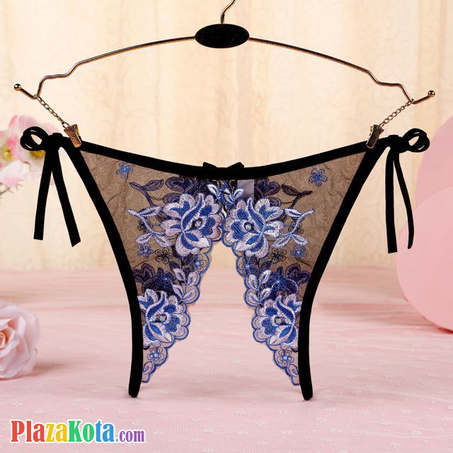 P569 - Celana Dalam Panties Thong Hitam Transparan Bunga Biru Crotchless Ikat Samping - Photo 2