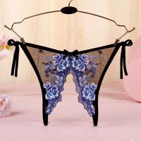 P569 - Celana Dalam Panties Thong Hitam Transparan Bunga Biru, Crotchless Ikat Samping