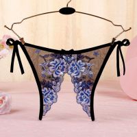 P569 - Celana Dalam Panties Thong Hitam Transparan Bunga Biru Crotchless Ikat Samping - 2