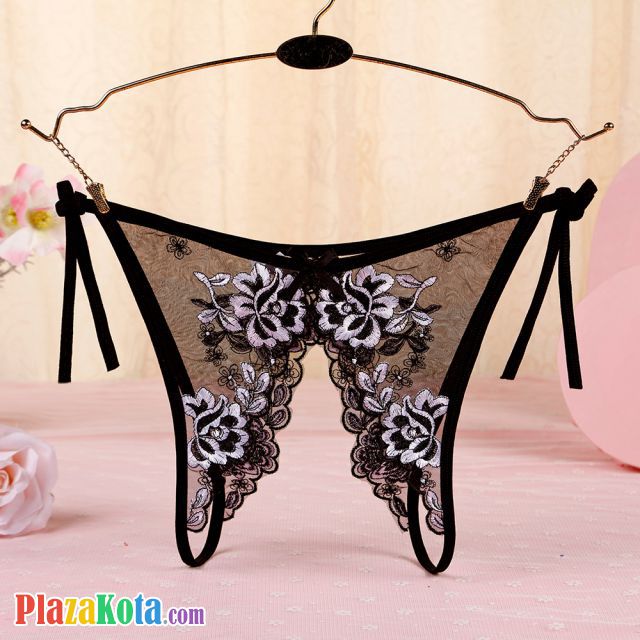 P570 - Celana Dalam Panties Thong Hitam Transparan Bunga Hitam Crotchless Ikat Samping - Photo 1