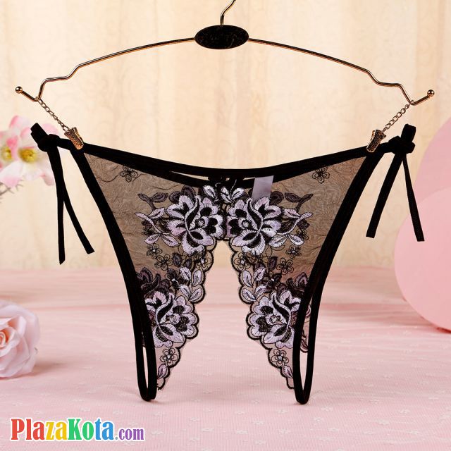 P570 - Celana Dalam Panties Thong Hitam Transparan Bunga Hitam Crotchless Ikat Samping - Photo 2