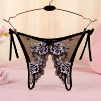 P570 - Celana Dalam Panties Thong Hitam Transparan Bunga Hitam Crotchless Ikat Samping