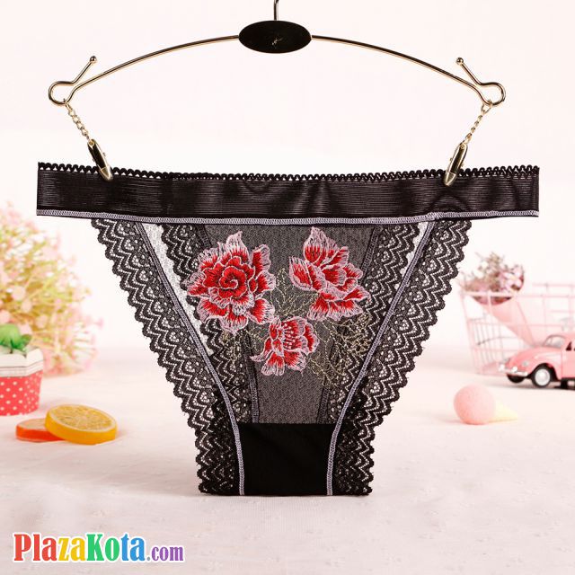 P572 - Panties Thong Hitam Transparan List Pink, Renda - Photo 1