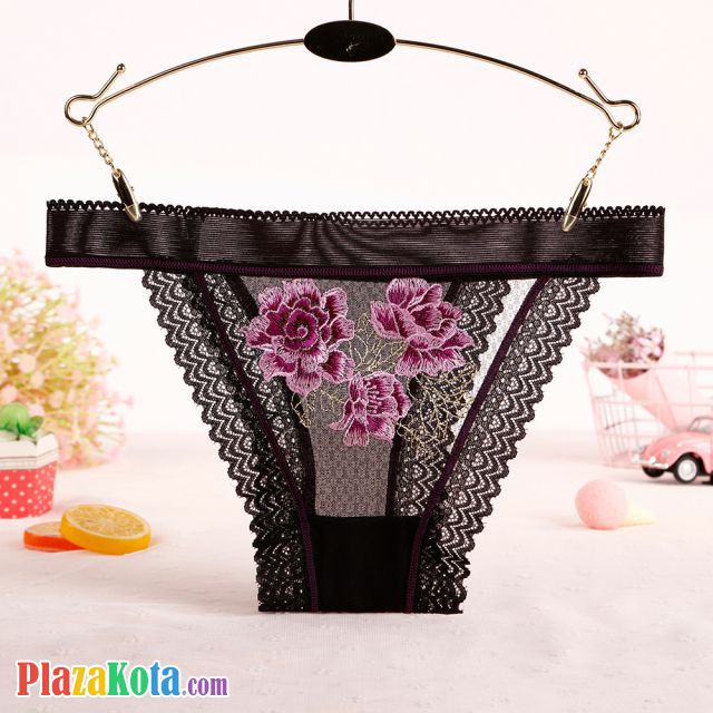 P573 - Panties Thong Hitam Transparan List Ungu, Renda - Photo 1