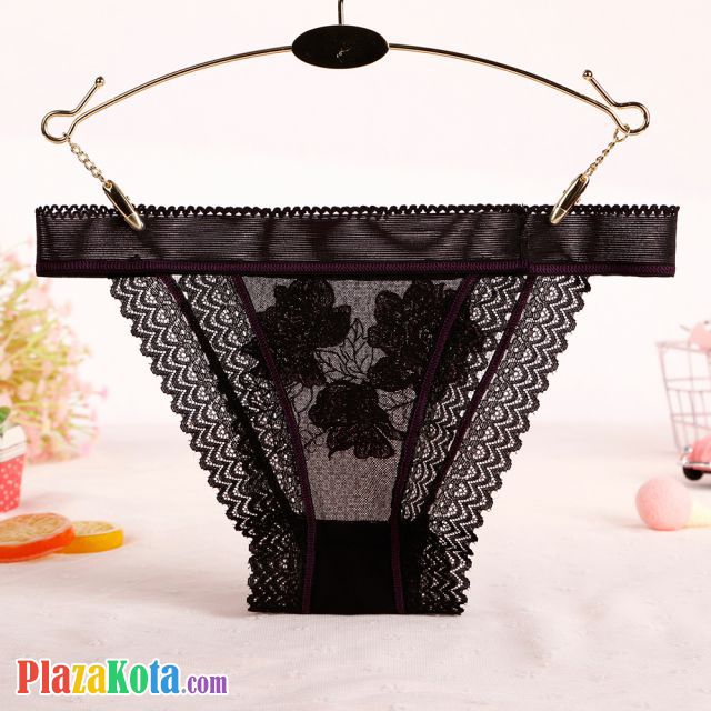 P573 - Celana Dalam Panties Thong Hitam Transparan List Ungu Renda - Photo 2