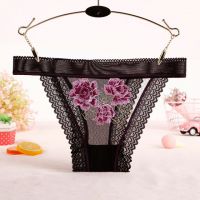 P573 - Panties Thong Hitam Transparan List Ungu, Renda