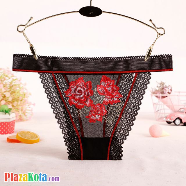 P574 - Panties Thong Hitam Transparan List Merah, Renda - Photo 1