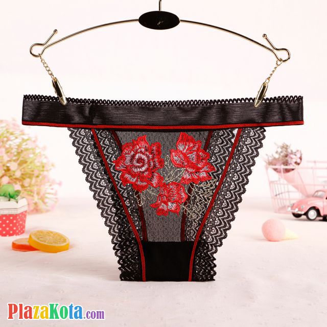 P574 - Celana Dalam Panties Thong Hitam Transparan List Merah Renda - Photo 1