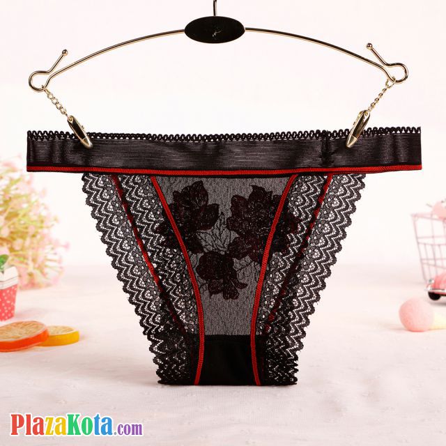 P574 - Celana Dalam Panties Thong Hitam Transparan List Merah Renda - Photo 2