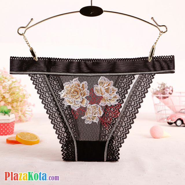 P575 - Celana Dalam Panties Thong Hitam Transparan List Krem Renda - Photo 1