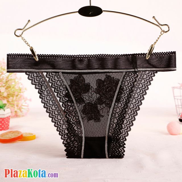 P575 - Panties Thong Hitam Transparan List Krem, Renda - Photo 2