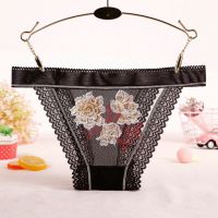 P575 - Celana Dalam Panties Thong Hitam Transparan List Krem Renda