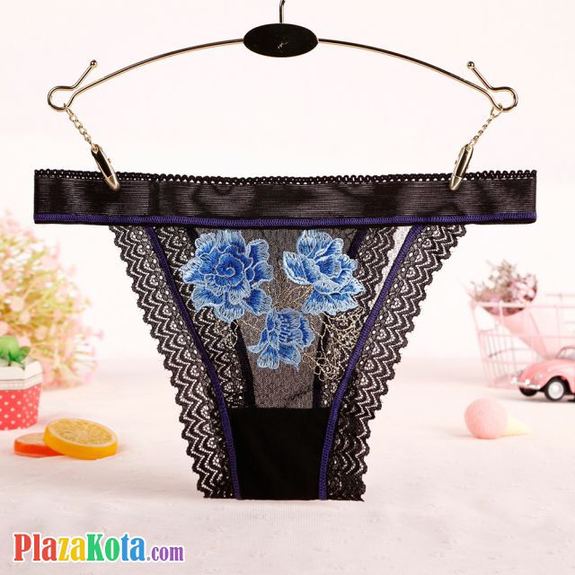 P576 - Celana Dalam Panties Thong Hitam Transparan List Biru, Renda - Photo 1