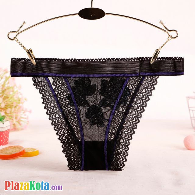 P576 - Celana Dalam Panties Thong Hitam Transparan List Biru, Renda - Photo 2