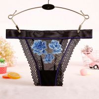 P576 - Panties Thong Hitam Transparan List Biru, Renda