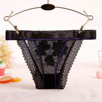 P576 - Celana Dalam Panties Thong Hitam Transparan List Biru Renda - Thumbnail 2