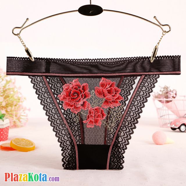 P577 - Celana Dalam Panties Thong Hitam Transparan List Peach Renda - Photo 1