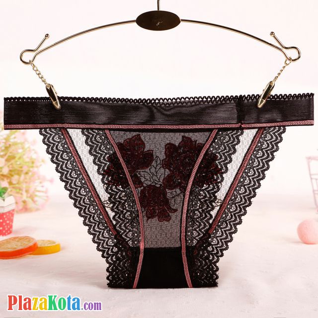 P577 - Celana Dalam Panties Thong Hitam Transparan List Peach, Renda - Photo 2