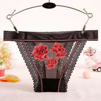 P577 - Celana Dalam Panties Thong Hitam Transparan List Peach Renda