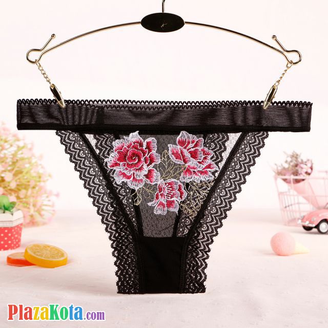 P578 - Celana Dalam Panties Thong Hitam Transparan List Hitam Renda - Photo 1