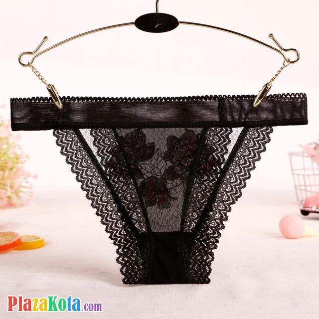 P578 - Celana Dalam Panties Thong Hitam Transparan List Hitam Renda - Photo 2