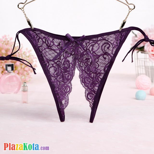 P581 - Celana Dalam Panties Thong Ungu Transparan Crotchless Ikat Samping - Photo 1