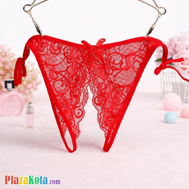 P582 - Celana Dalam Panties Thong Merah Transparan Crotchless Ikat Samping - Photo 1