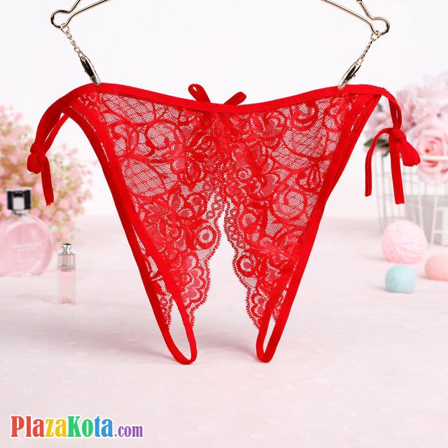 P582 - Celana Dalam Panties Thong Merah Transparan, Crotchless Ikat Samping - Photo 2