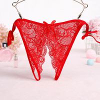 P582 - Panties Thong Merah Transparan, Crotchless Ikat Samping