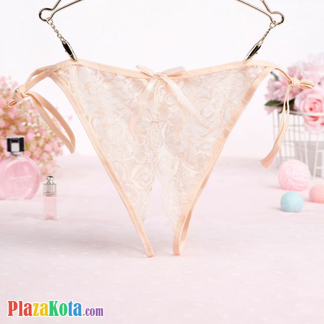 P583 - Celana Dalam Panties Thong Krem Transparan Crotchless Ikat Samping - Photo 1