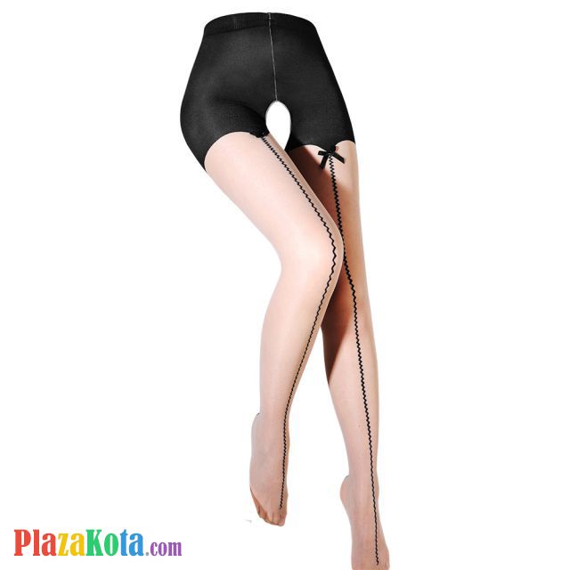 S047 - Stocking Pantyhose Hitam Krem Transparan Crotchless Garis Gelombang - Photo 1