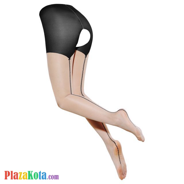 S047 - Stocking Pantyhose Hitam Krem Transparan Crotchless Garis Gelombang - Photo 2