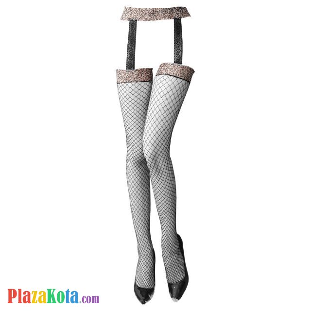 S048 - Stocking Overknee Fishnet Hitam Garter Belt Macan Tutul - Photo 1