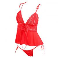 L1225 - Lingerie Babydoll Merah Transparan, Cup Openable, Crotchless