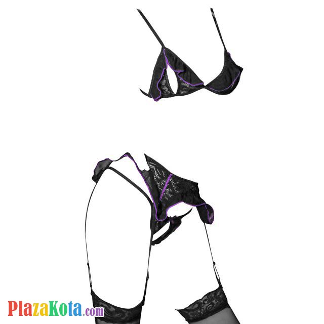 B337 - Bra Set Bralette Open Cup Hitam Transparan Celana Dalam Crotchless Garter Belt Stocking - Photo 1