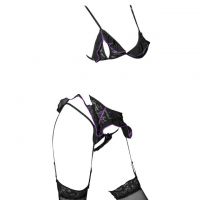 B337 - Bikini Bra Set Hitam Transparan, Open Cup, Crotchless, Garter, Stocking Fishnet