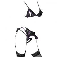 B337 - Bra Set Bralette Open Cup Hitam Transparan Celana Dalam Crotchless Garter Belt Stocking