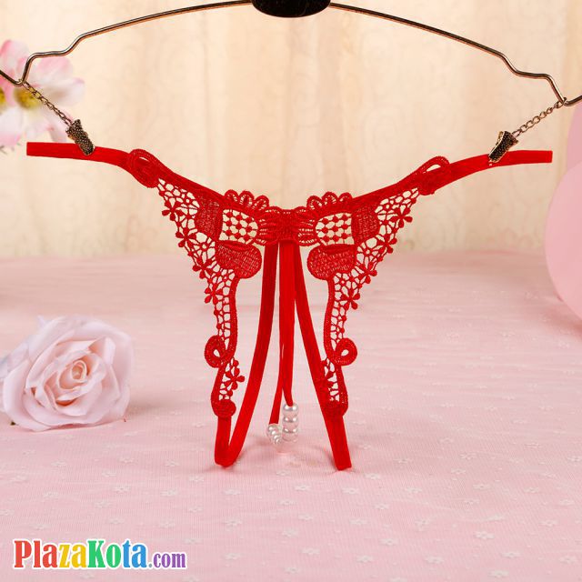 GS324 - Celana Dalam G-String Mutiara T-Back Crotchless Merah - Photo 1